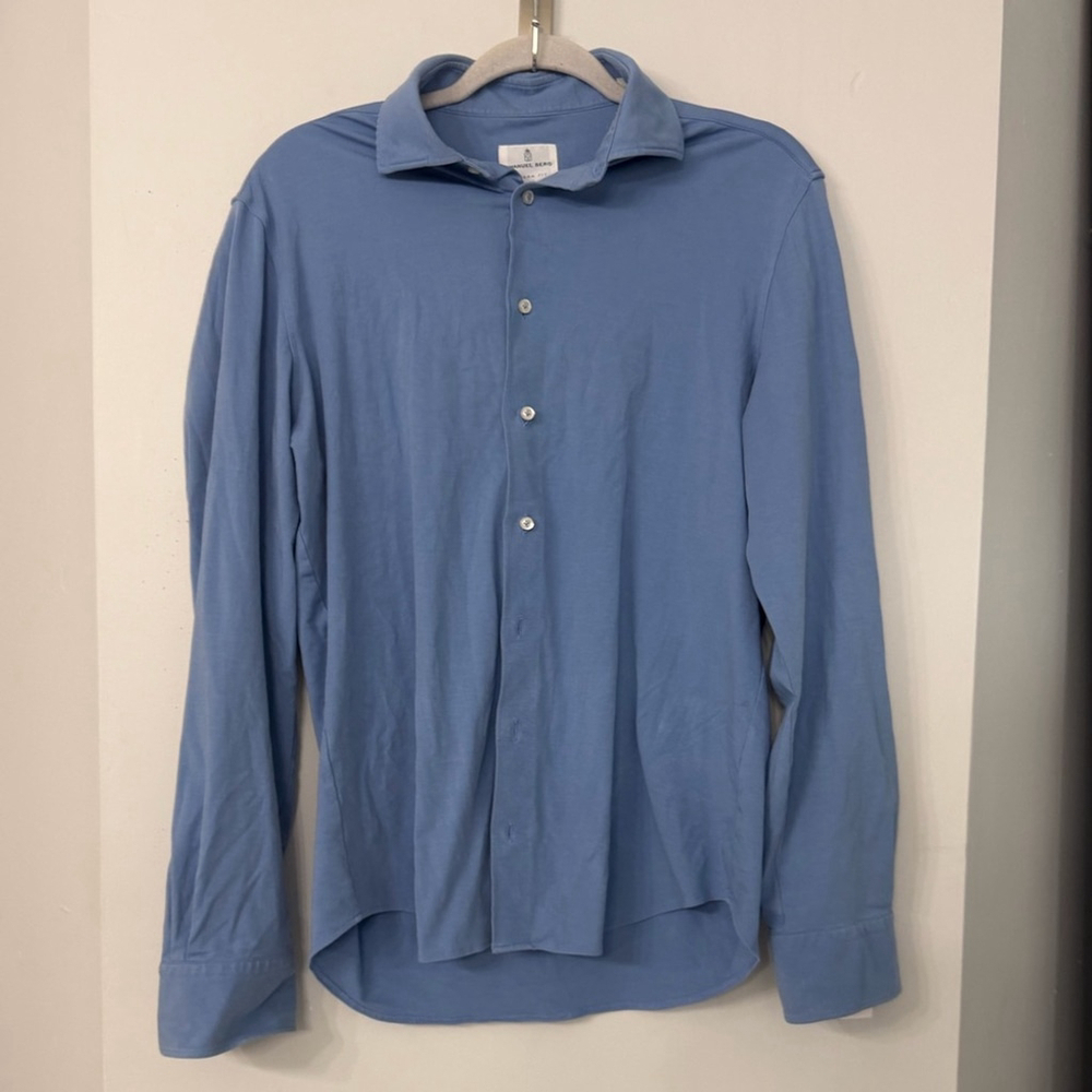 Emanuel Berg Men’s Medium 15 3/4 Light Blue Cotton Blend Stretch Button Up Shirt
